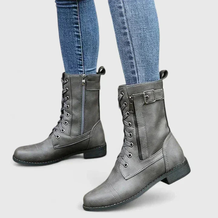 Women's Faux Leather Lace-Up Ankle Boots – Side Zip