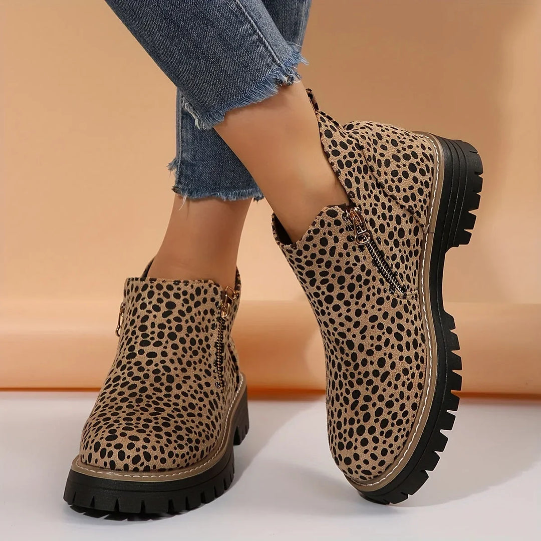 Women's Leopard Suede Side Zip Ankle Boots – Chunky Lug Sole