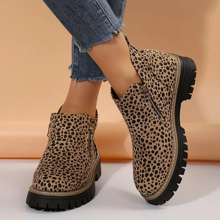 Women's Leopard Suede Side Zip Ankle Boots – Chunky Lug Sole