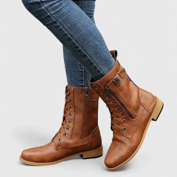 Women's Faux Leather Lace-Up Ankle Boots – Side Zip