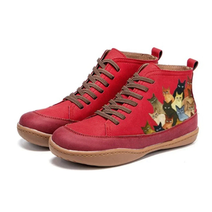 Women's Lace-Up Ankle Boots – Cat Print Graphic
