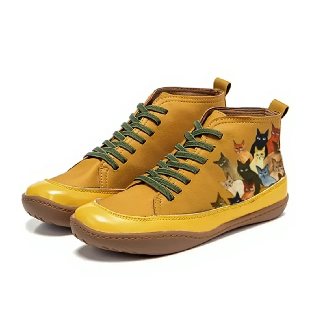 Women's Lace-Up Ankle Boots – Cat Print Graphic