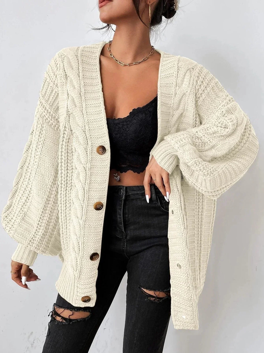 Women's Chunky Knit Cardigan – Oversized Balloon Sleeves