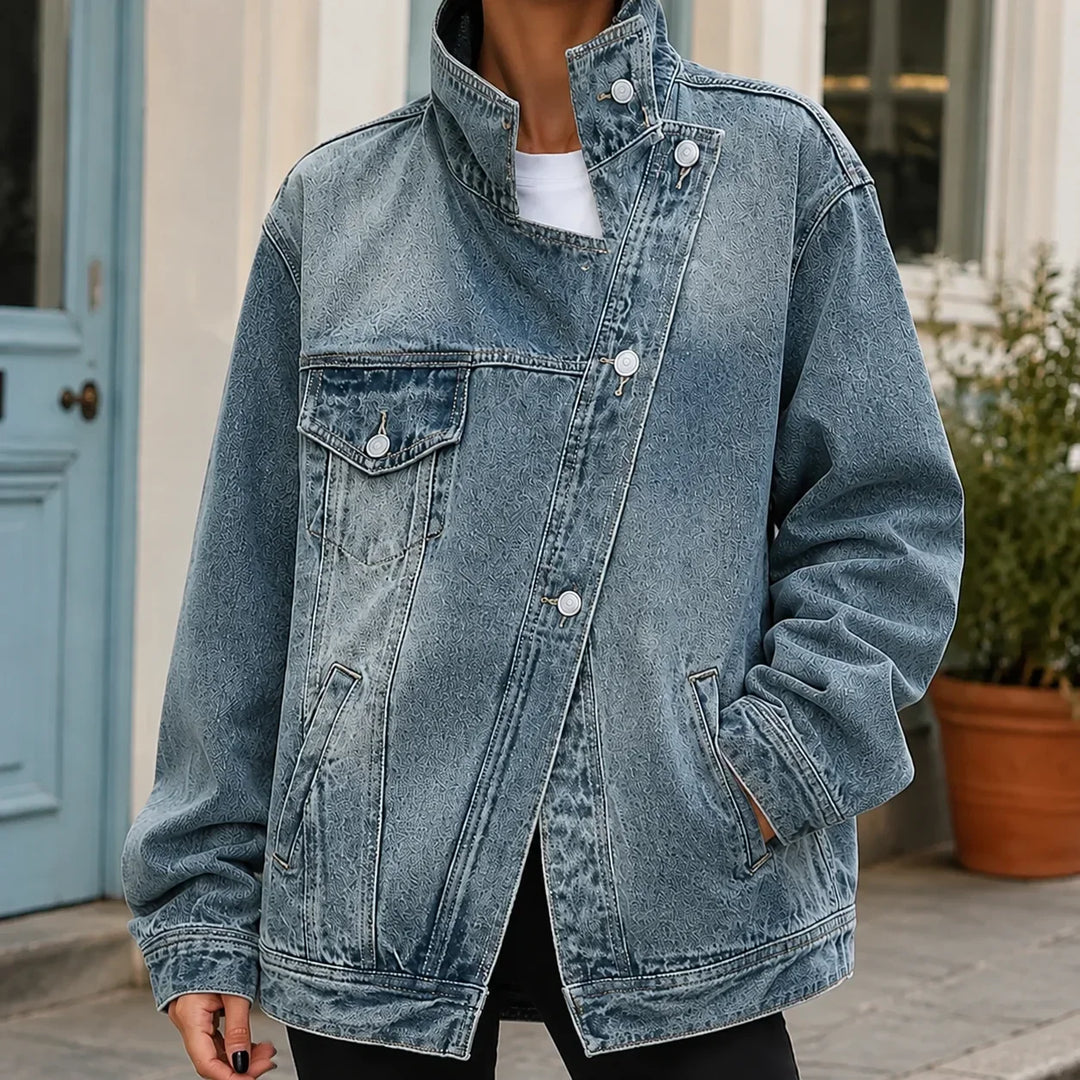 Women's Oversized Denim Jacket Asymmetric Button Front