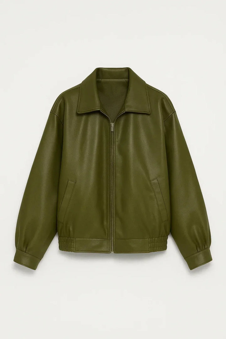 Women's Oversized Faux Leather Bomber Jacket Zip Closure