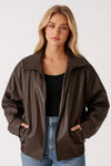 Women's Oversized Faux Leather Bomber Jacket Zip Closure