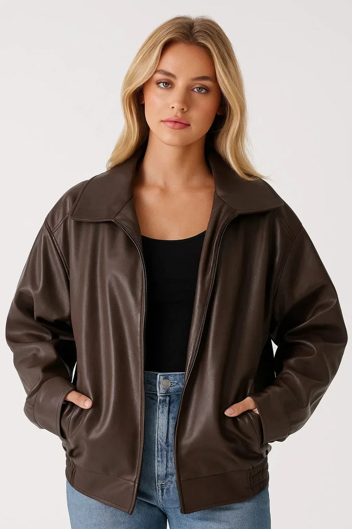 Women's Oversized Faux Leather Bomber Jacket Zip Closure