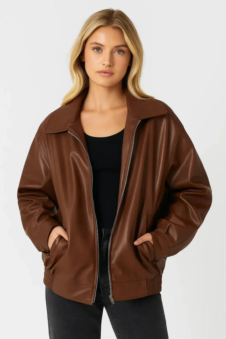 Women's Oversized Faux Leather Bomber Jacket Zip Closure