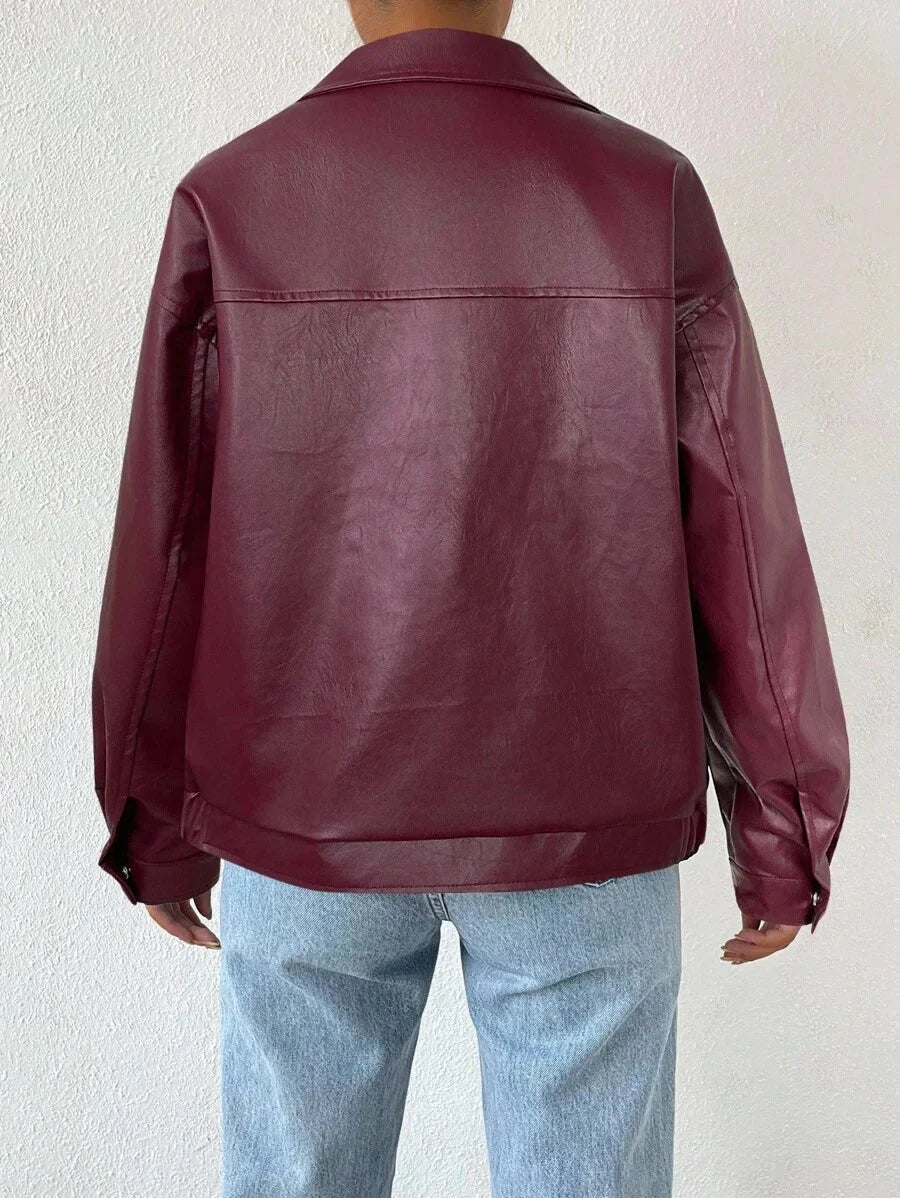 Women's Oversized Leather Jacket – Drop Shoulder & Spread Collar