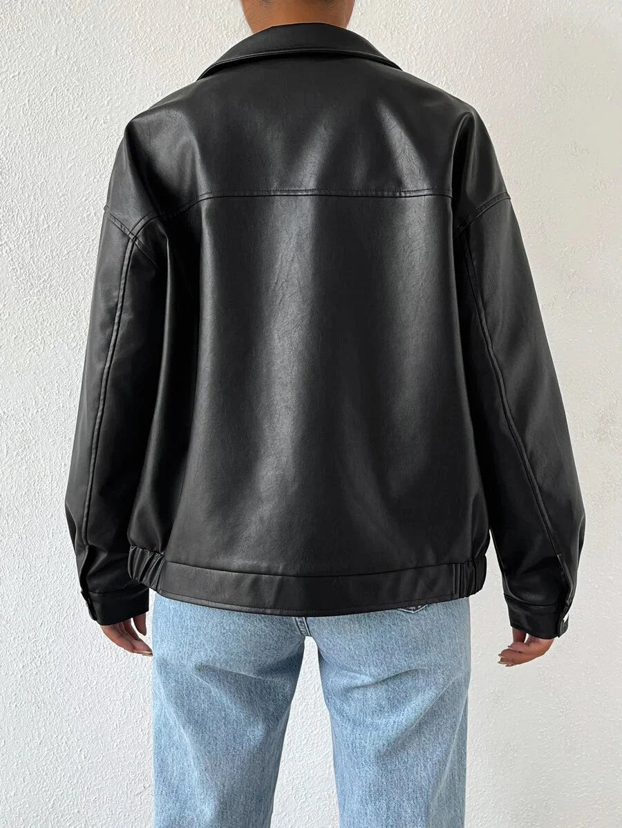 Women's Oversized Leather Jacket – Drop Shoulder & Spread Collar