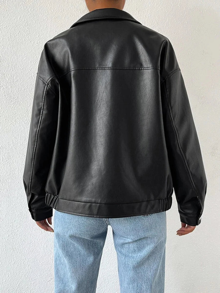 Women's Oversized Leather Jacket – Drop Shoulder & Spread Collar