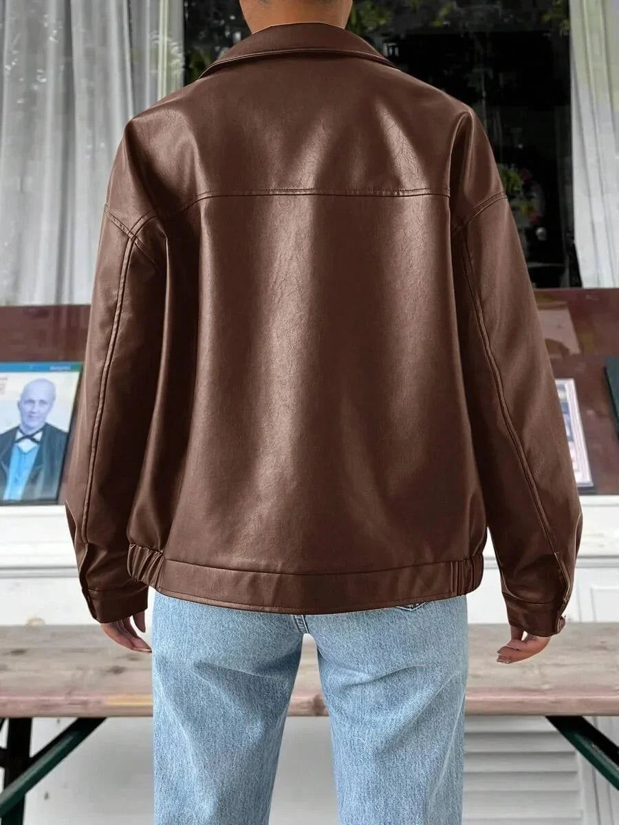 Women's Oversized Leather Jacket – Drop Shoulder & Spread Collar