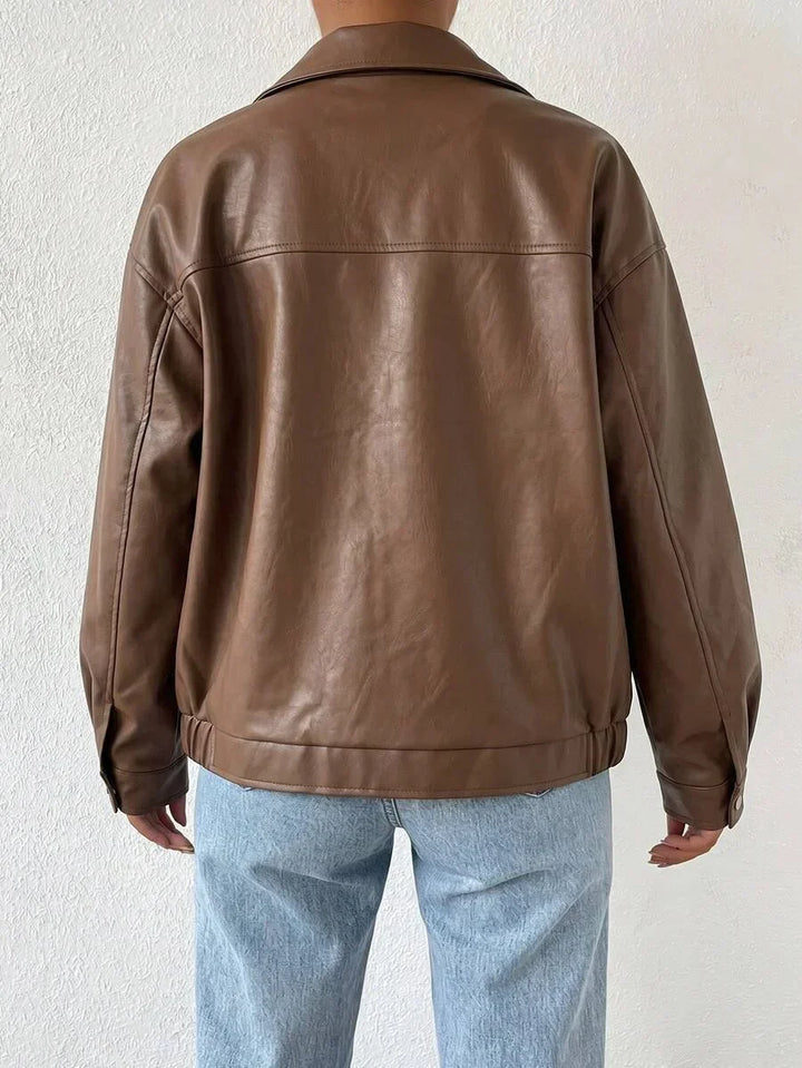 Women's Oversized Leather Jacket – Drop Shoulder & Spread Collar