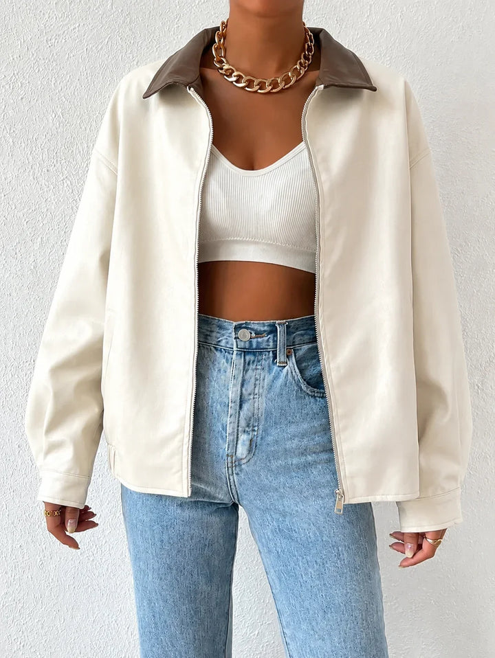 Women's Oversized Leather Jacket – Drop Shoulder & Spread Collar