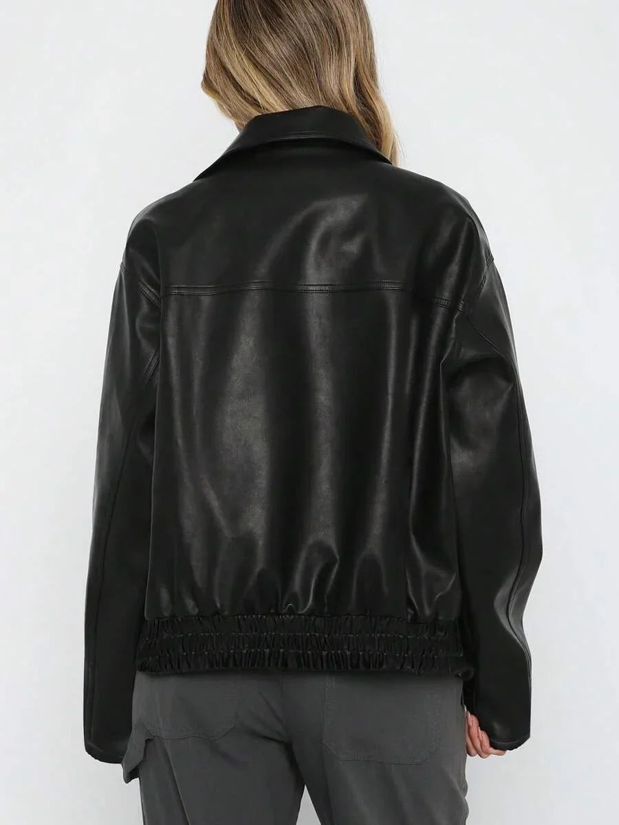 Women's Oversized Leather Jacket – Gathered Hem & Wide Collar
