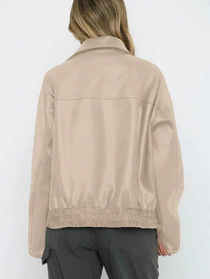 Women's Oversized Leather Jacket – Gathered Hem & Wide Collar