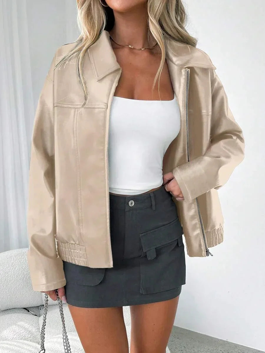 Women's Oversized Leather Jacket – Gathered Hem & Wide Collar