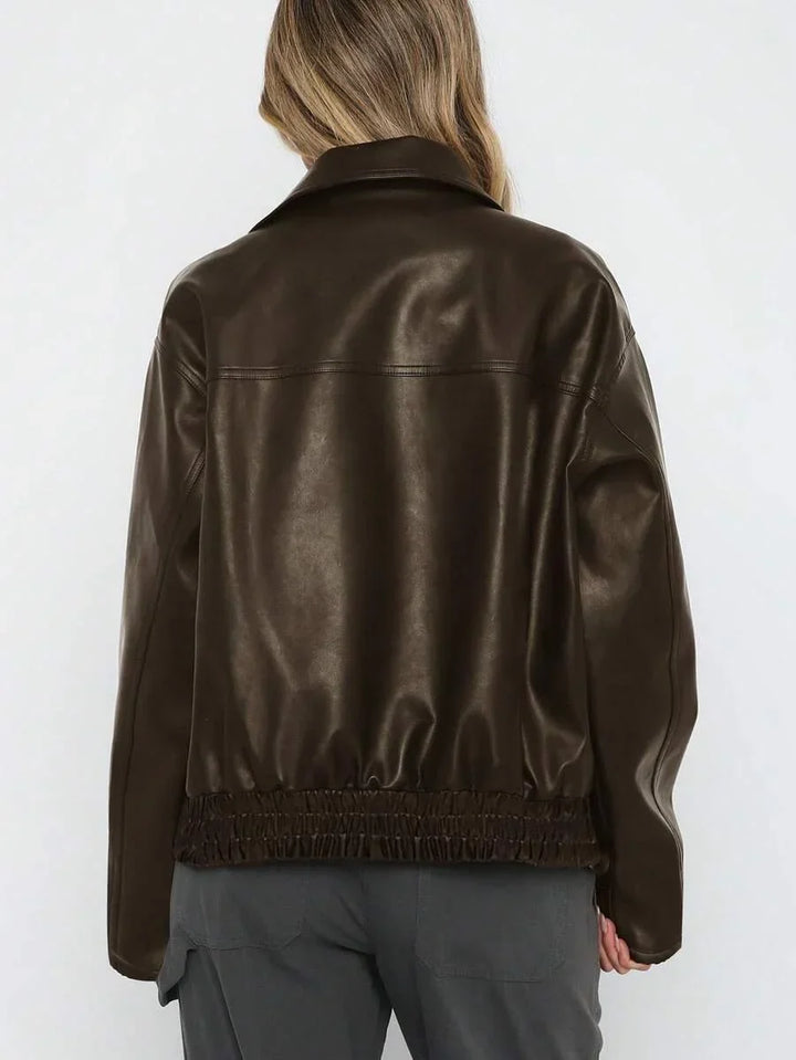 Women's Oversized Leather Jacket – Gathered Hem & Wide Collar