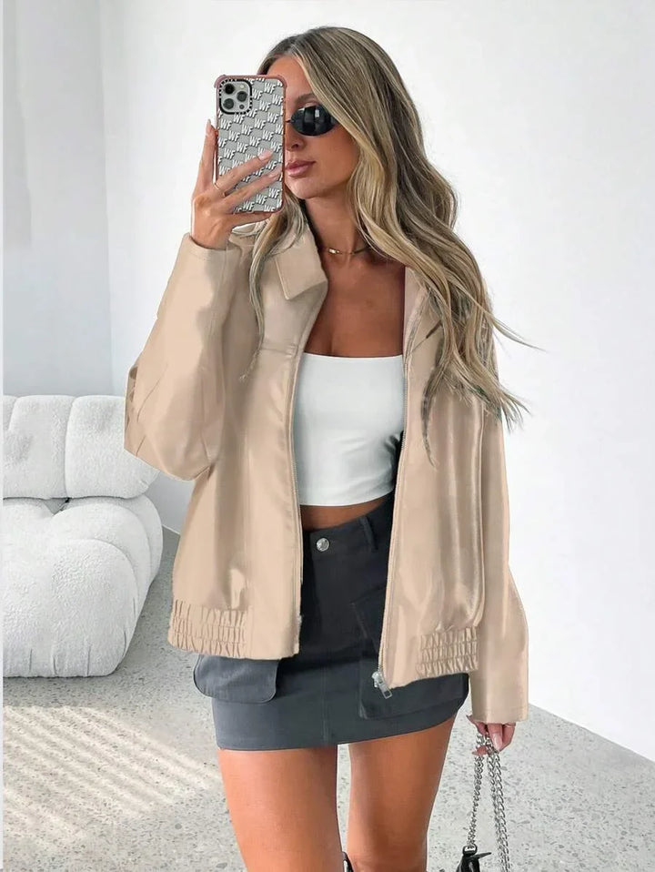 Women's Oversized Leather Jacket – Gathered Hem & Wide Collar