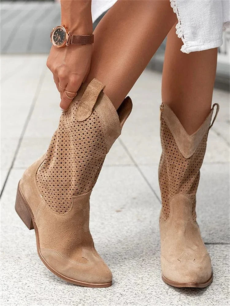 Women's Perforated Block Heel Cowboy Boots