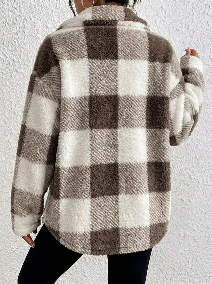 Women's Plaid Oversized Button-Up Fluffy Jacket
