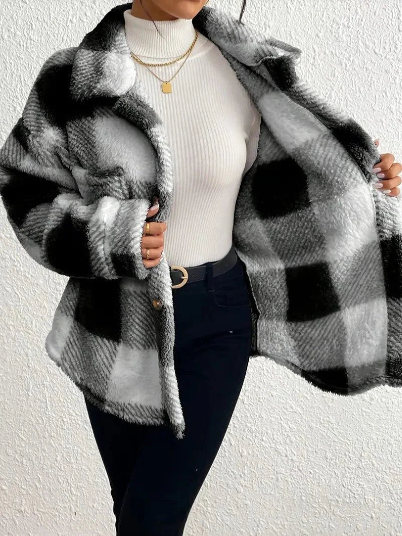 Women's Plaid Oversized Button-Up Fluffy Jacket