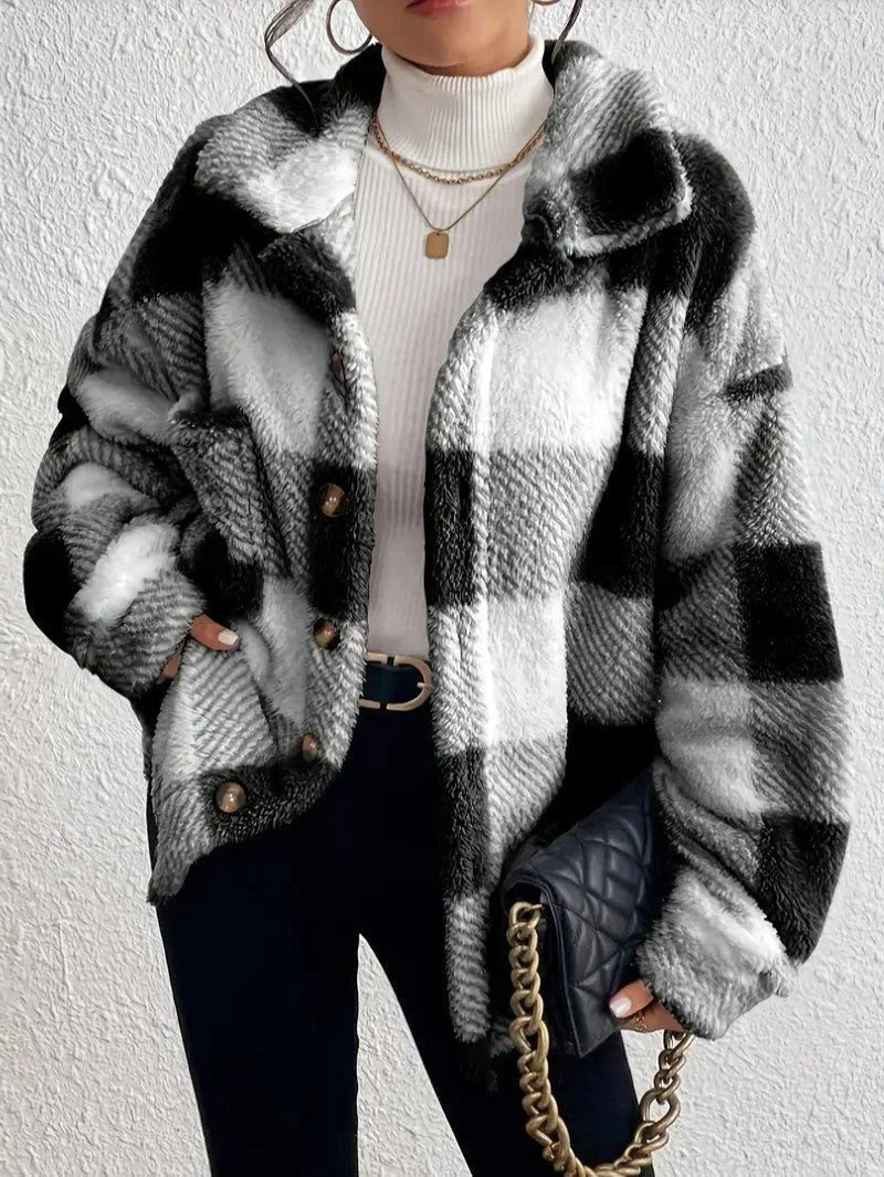 Women's Plaid Oversized Button-Up Fluffy Jacket