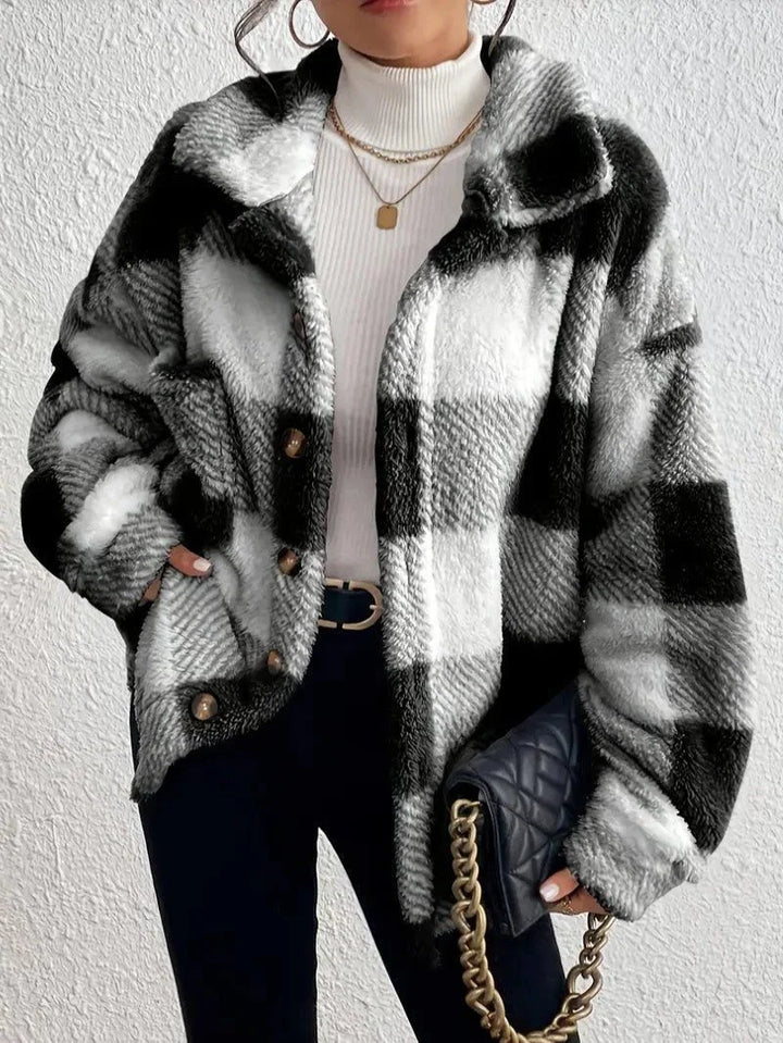Women's Plaid Oversized Button-Up Fluffy Jacket