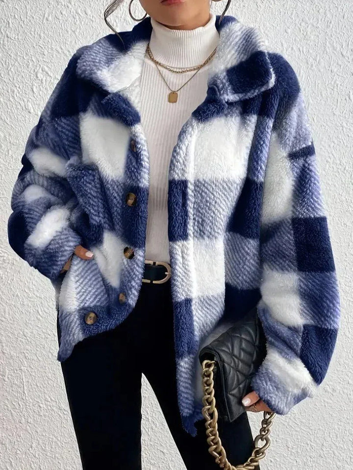 Women's Plaid Oversized Button-Up Fluffy Jacket