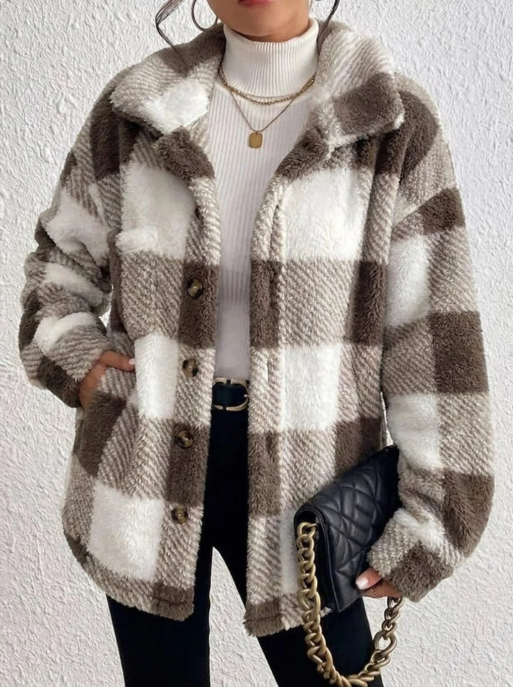 Women's Plaid Oversized Button-Up Fluffy Jacket