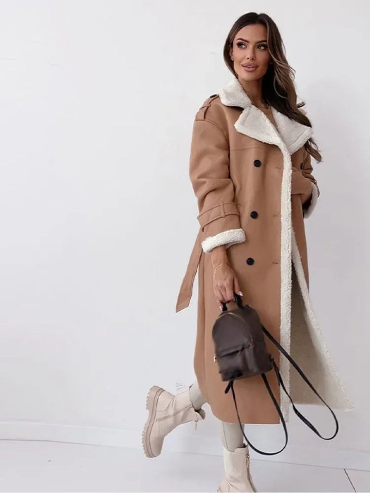 Women's Coat – Long Faux Shearling Suede Belted Winter