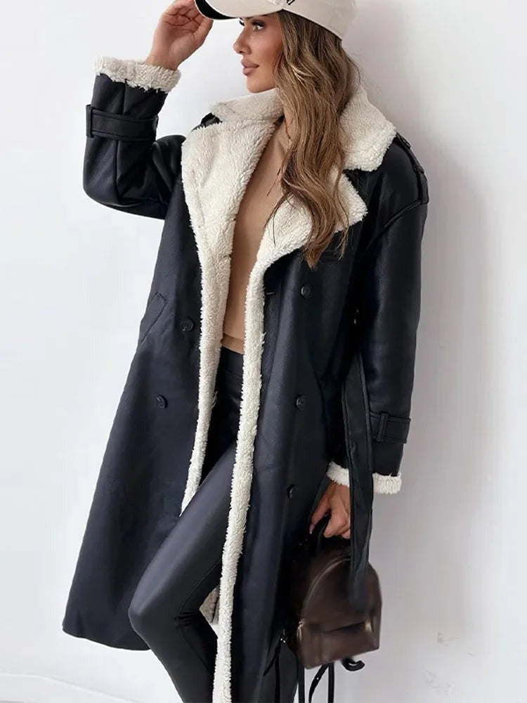 Women's Coat – Long Faux Shearling Suede Belted Winter