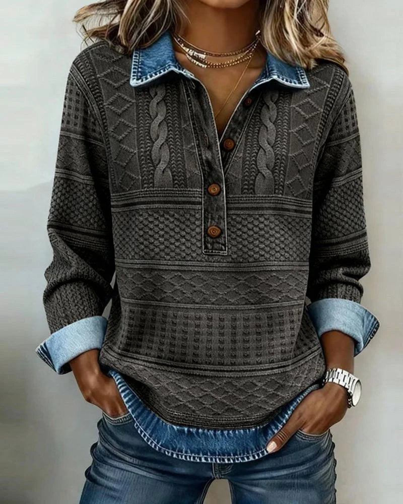Women's Cable Knit Jumper, Relaxed Fit – Denim Collar & Cuffs