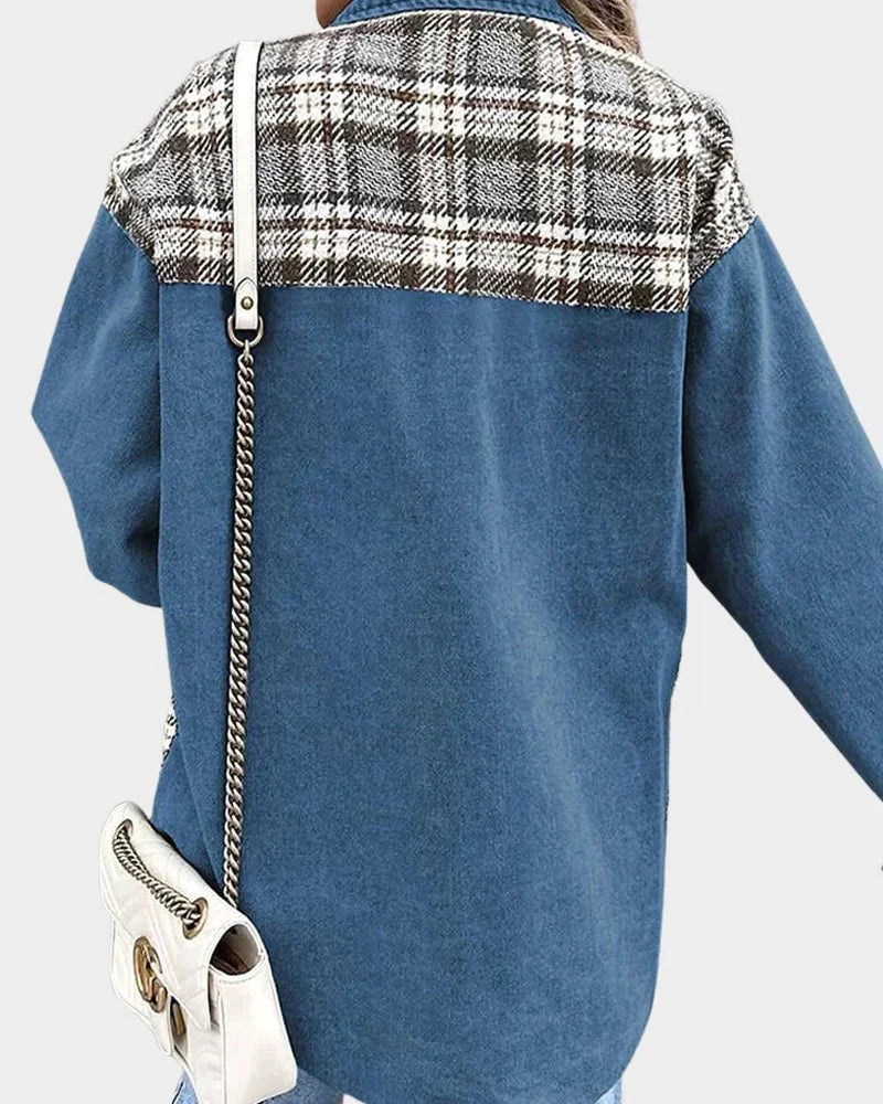Women's Relaxed Denim Shacket – Plaid Contrast Panels