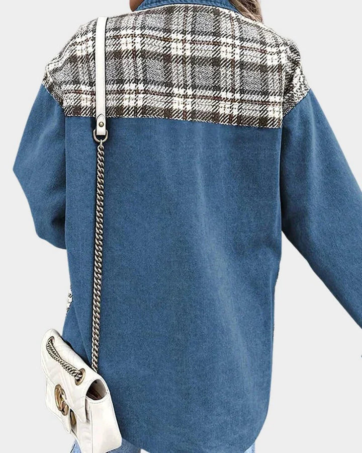 Women's Relaxed Denim Shacket – Plaid Contrast Panels