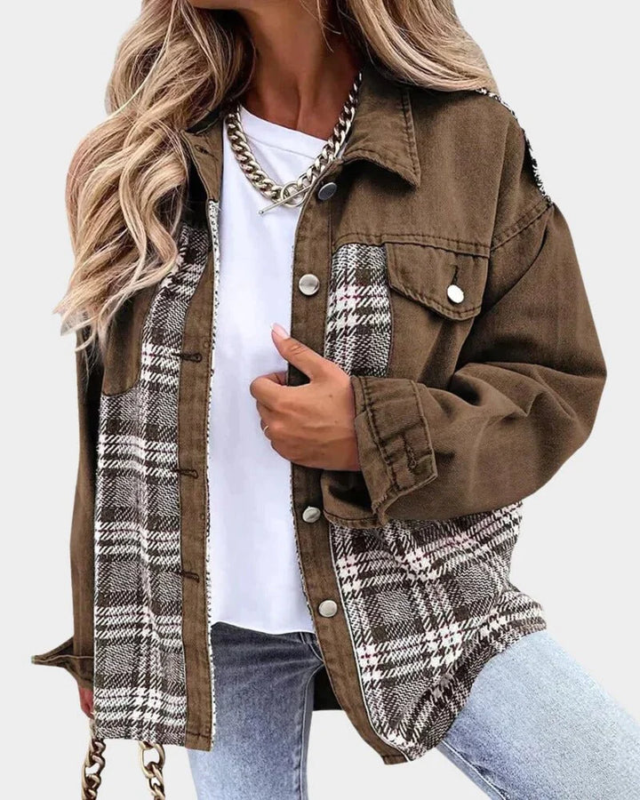 Women's Relaxed Denim Shacket – Plaid Contrast Panels
