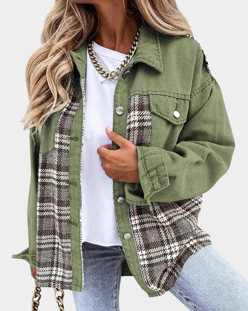 Women's Relaxed Denim Shacket – Plaid Contrast Panels