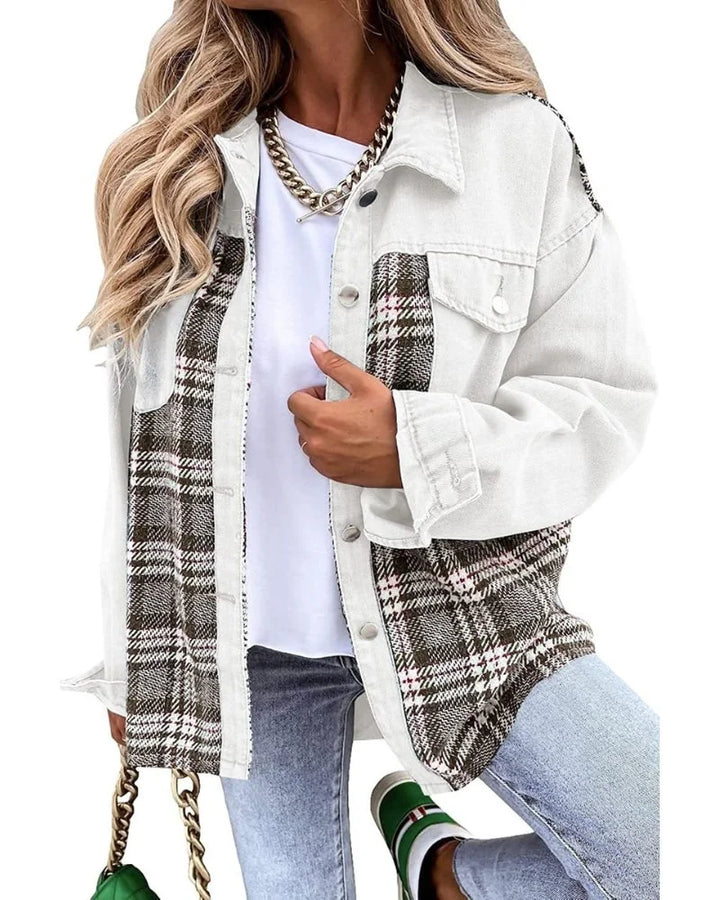 Women's Relaxed Denim Shacket – Plaid Contrast Panels