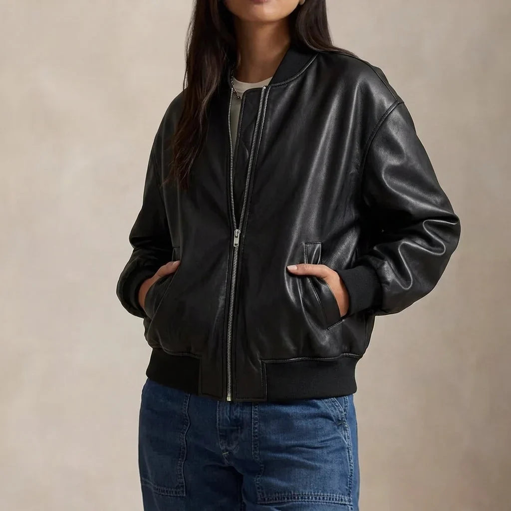 Women's Faux Leather Relaxed Bomber Jacket