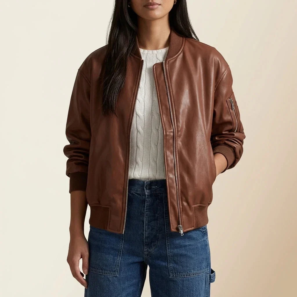 Women's Faux Leather Relaxed Bomber Jacket