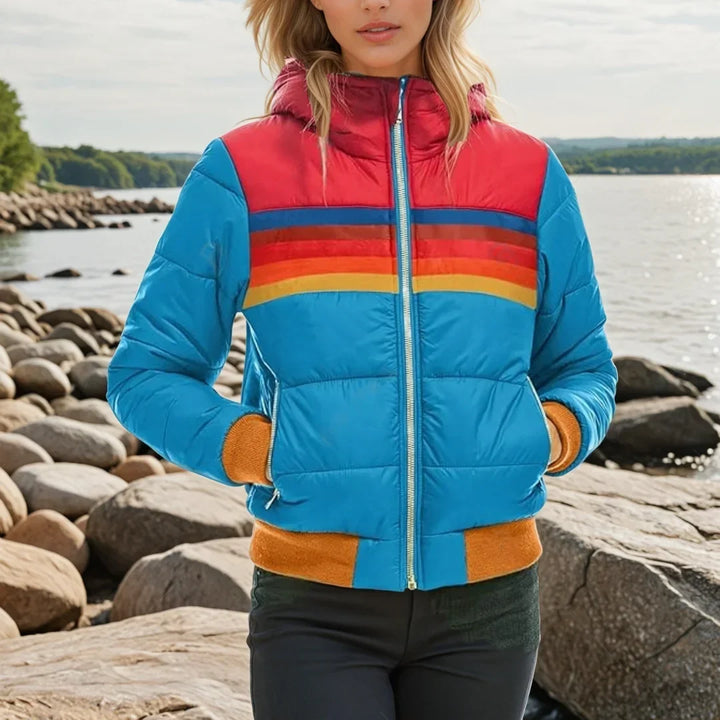 Women's Retro Rainbow Stripe Colour Block Puffer Jacket
