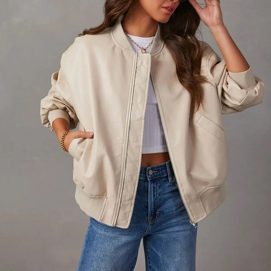 Women's Front Zip Faux Leather Oversized Bomber Jacket