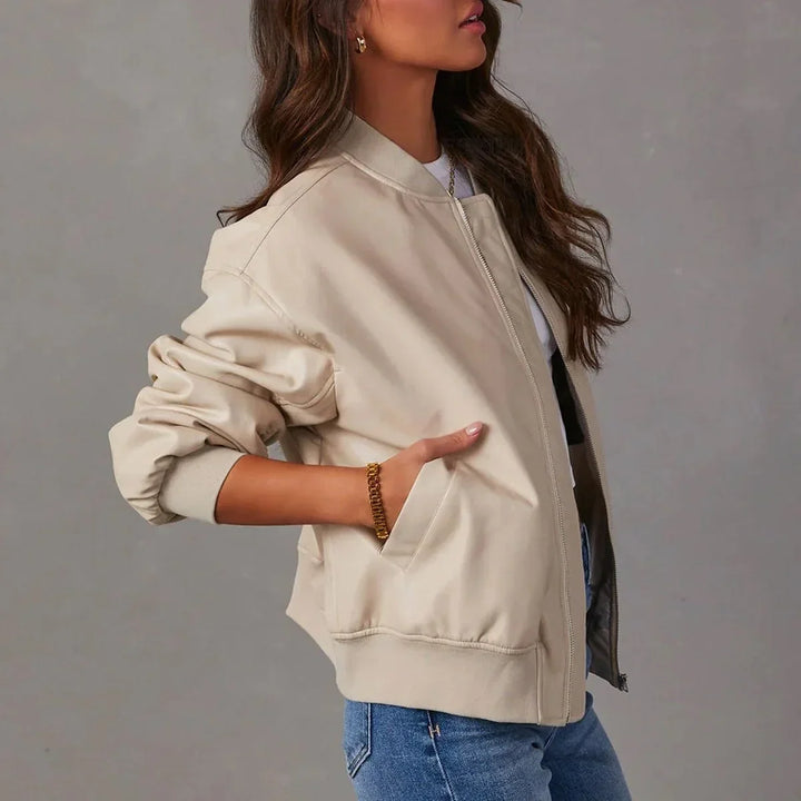 Women's Front Zip Faux Leather Oversized Bomber Jacket