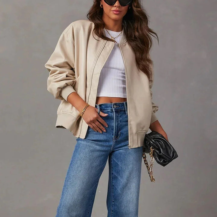 Women's Front Zip Faux Leather Oversized Bomber Jacket