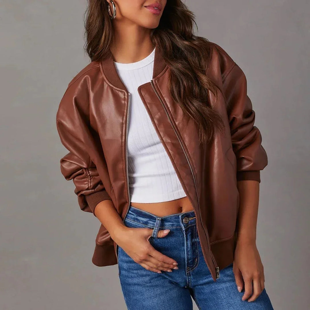 Women's Front Zip Faux Leather Oversized Bomber Jacket