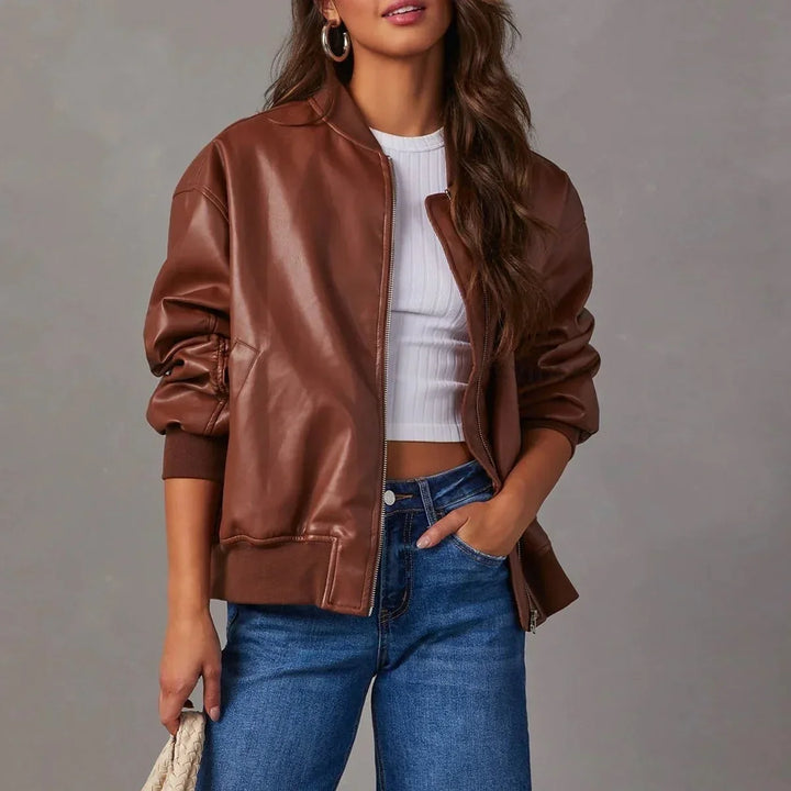 Women's Front Zip Faux Leather Oversized Bomber Jacket