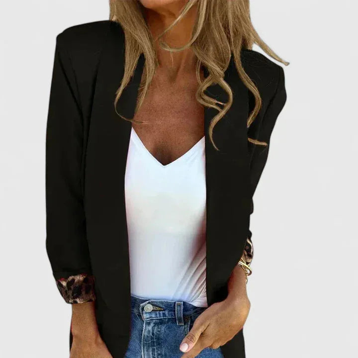 Women's Open-Front Notch Lapel Blazer – Leopard Print Cuffs
