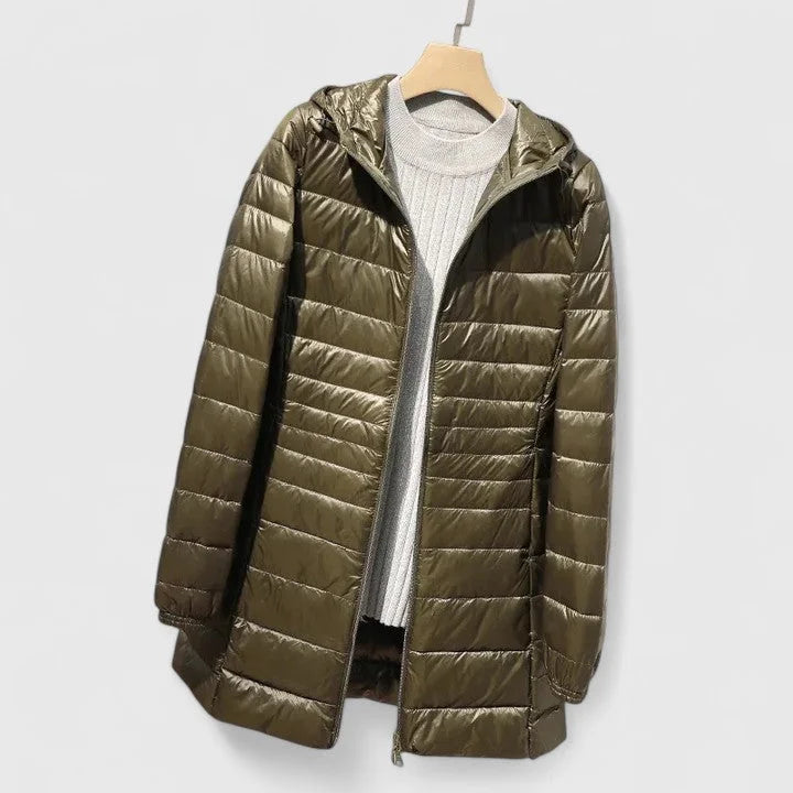 Women's Quilted Zip-Up Hood Puffer Coat – Shiny Finish