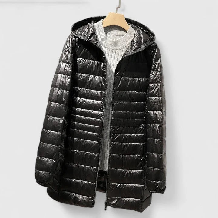 Women's Quilted Zip-Up Hood Puffer Coat – Shiny Finish