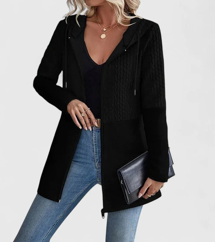 Women's Knit Zip-Up Hood Cardigan – Cable Panels